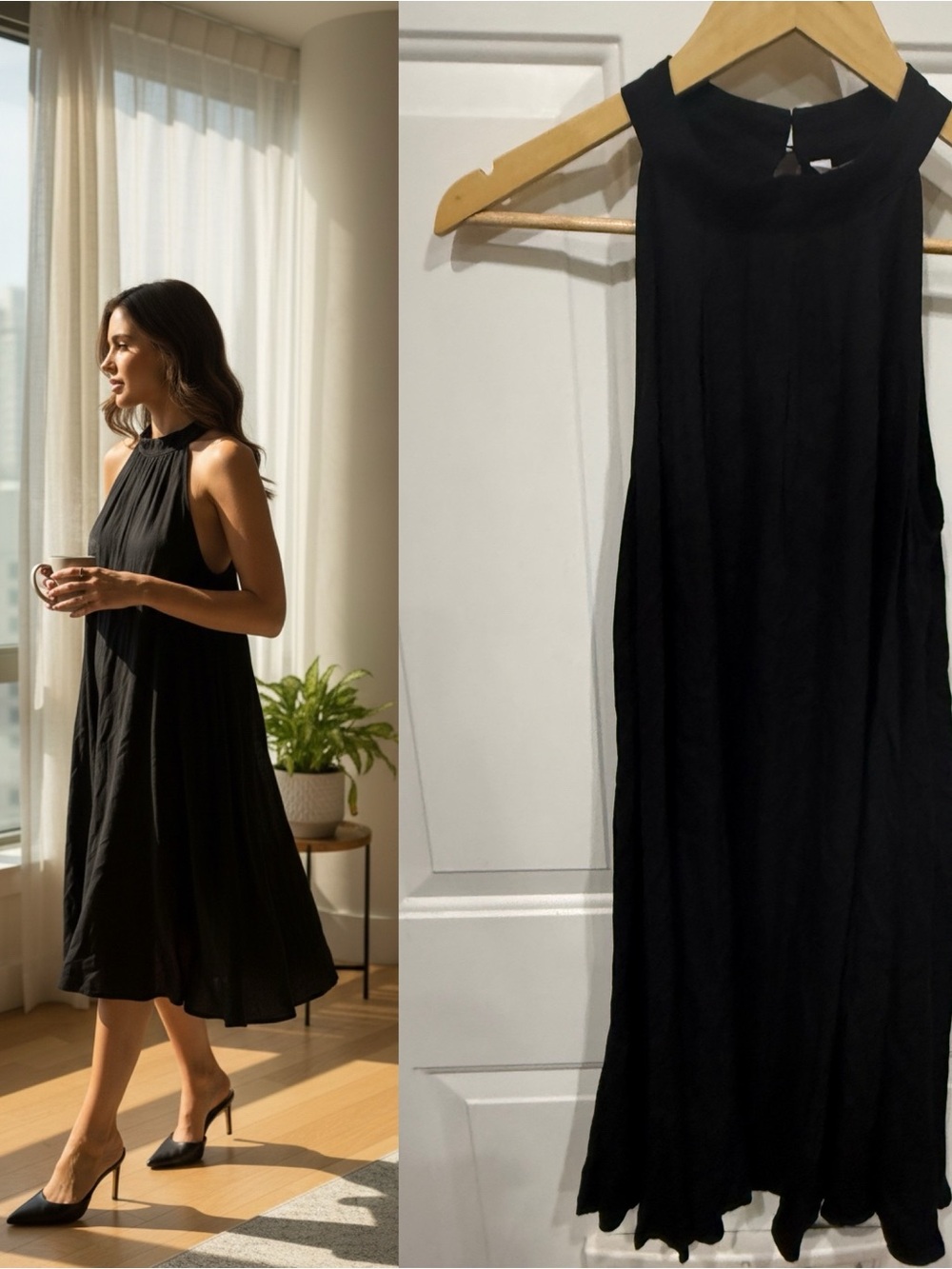 KIRUNDO Small Black Halter Neck Swing Dress Sleeveless Keyhole Back With Tags